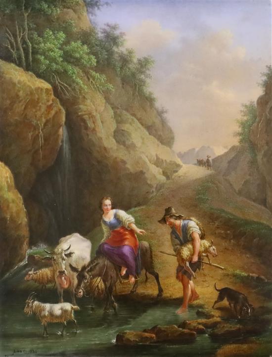 A French porcelain plaque signed Binet and dated 1834, 19.5 x 16cm